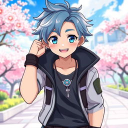 A character design for an anime boy with striking blue eyes, styled with youthful features and vibrant hair