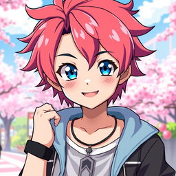 A character design for an anime boy with striking blue eyes, styled with youthful features and vibrant hair