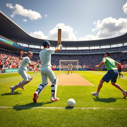 An imaginative fusion of cricket and football, showcasing a vibrant scene where players are actively engaged in a match that blends the rules of both sports