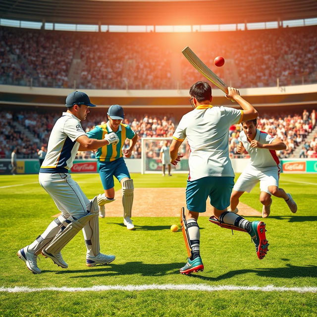 An imaginative fusion of cricket and football, showcasing a vibrant scene where players are actively engaged in a match that blends the rules of both sports