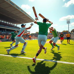 An imaginative fusion of cricket and football, showcasing a vibrant scene where players are actively engaged in a match that blends the rules of both sports