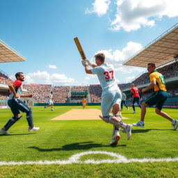 An imaginative fusion of cricket and football, showcasing a vibrant scene where players are actively engaged in a match that blends the rules of both sports