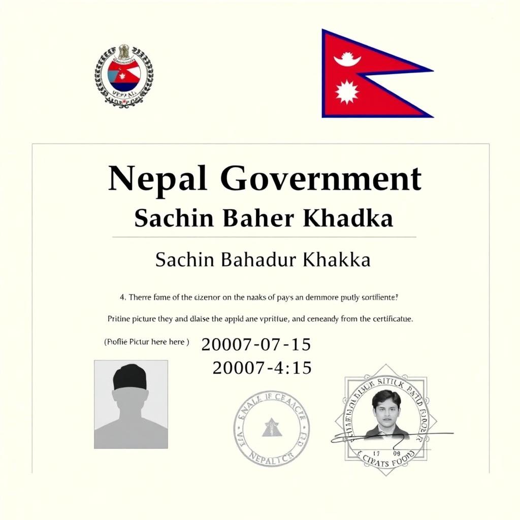 A professional Nepalese citizenship certificate featuring a heading 'Nepal Government' prominently displayed at the top center in large, bold serif font