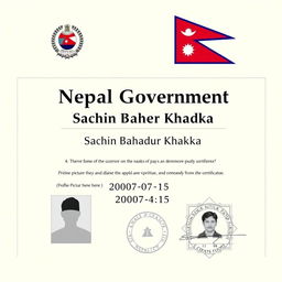 A professional Nepalese citizenship certificate featuring a heading 'Nepal Government' prominently displayed at the top center in large, bold serif font