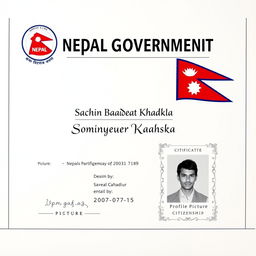 A professional Nepalese citizenship certificate featuring a heading 'Nepal Government' prominently displayed at the top center in large, bold serif font