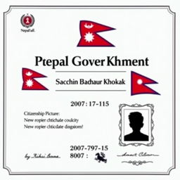 A professional Nepalese citizenship certificate featuring a heading 'Nepal Government' prominently displayed at the top center in large, bold serif font
