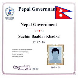 A professional Nepalese citizenship certificate featuring a heading 'Nepal Government' prominently displayed at the top center in large, bold serif font
