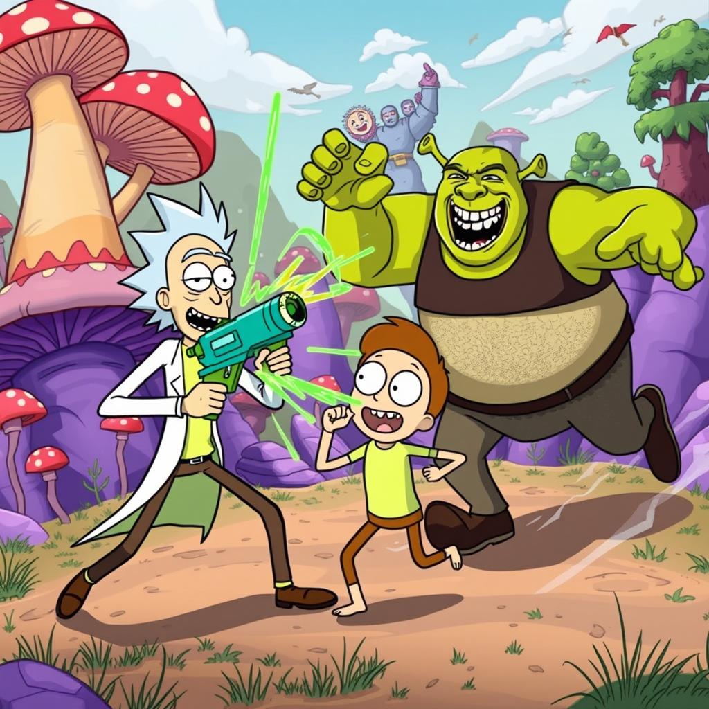 A vibrant, cartoonish scene depicting Rick Sanchez and Morty Smith engaged in a playful, chaotic battle with Shrek