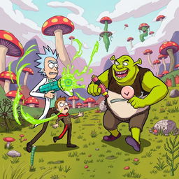 A vibrant, cartoonish scene depicting Rick Sanchez and Morty Smith engaged in a playful, chaotic battle with Shrek