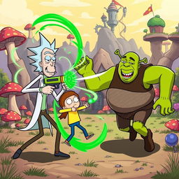 A vibrant, cartoonish scene depicting Rick Sanchez and Morty Smith engaged in a playful, chaotic battle with Shrek