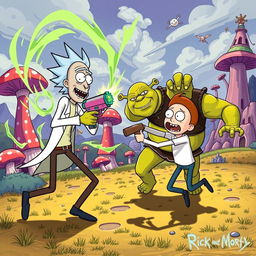 A vibrant, cartoonish scene depicting Rick Sanchez and Morty Smith engaged in a playful, chaotic battle with Shrek