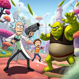 A dynamic scene showcasing an epic battle between Rick Sanchez and Morty Smith from Rick and Morty against Shrek in a vibrant, cartoonish setting