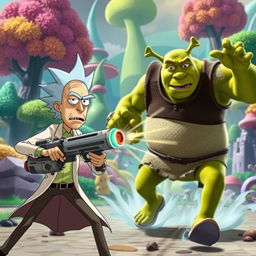 A dynamic scene showcasing an epic battle between Rick Sanchez and Morty Smith from Rick and Morty against Shrek in a vibrant, cartoonish setting