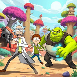 A dynamic scene showcasing an epic battle between Rick Sanchez and Morty Smith from Rick and Morty against Shrek in a vibrant, cartoonish setting
