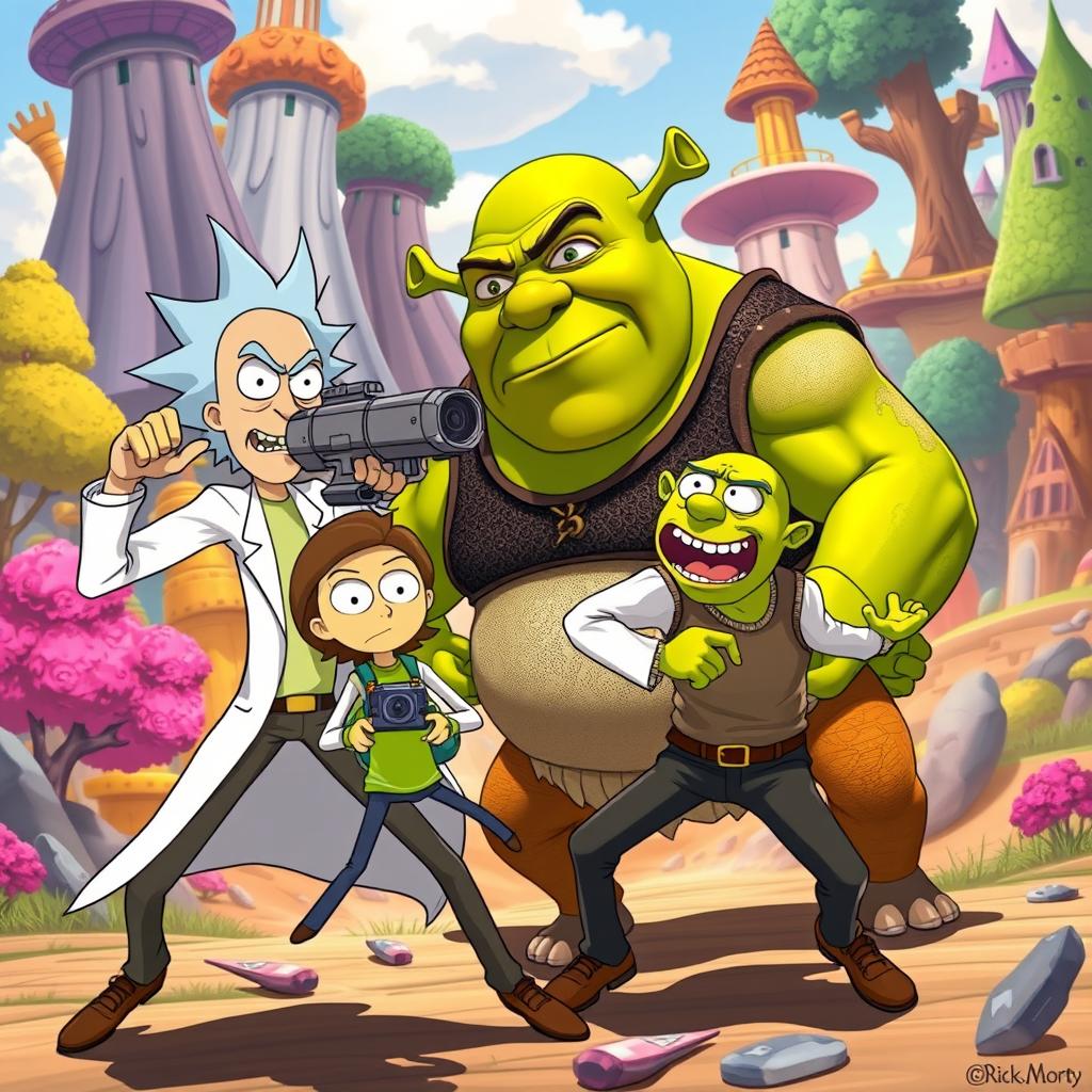 A dynamic scene showcasing an epic battle between Rick Sanchez and Morty Smith from Rick and Morty against Shrek in a vibrant, cartoonish setting