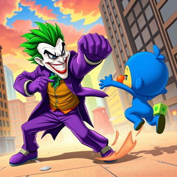 A vibrant and dynamic scene depicting the Joker, with his signature green hair, purple suit, and maniacal grin, engaged in a battle against Pocoyo, the colorful and cheerful cartoon character clad in blue