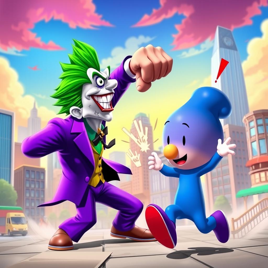 A vibrant and dynamic scene depicting the Joker, with his signature green hair, purple suit, and maniacal grin, engaged in a battle against Pocoyo, the colorful and cheerful cartoon character clad in blue