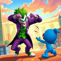 A vibrant and dynamic scene depicting the Joker, with his signature green hair, purple suit, and maniacal grin, engaged in a battle against Pocoyo, the colorful and cheerful cartoon character clad in blue