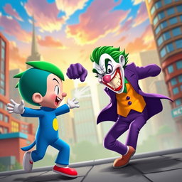 A vibrant and dynamic scene depicting the Joker, with his signature green hair, purple suit, and maniacal grin, engaged in a battle against Pocoyo, the colorful and cheerful cartoon character clad in blue