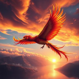 An adventurous phoenix soaring through a vibrant sunset sky, radiant feathers of red and gold reflecting the light, twisting and turning elegantly among wispy clouds