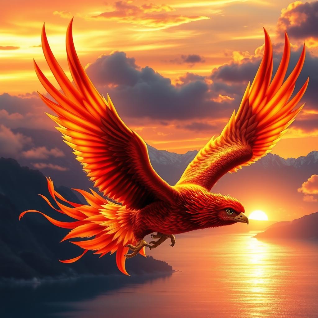 An adventurous phoenix soaring through a vibrant sunset sky, radiant feathers of red and gold reflecting the light, twisting and turning elegantly among wispy clouds