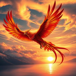 An adventurous phoenix soaring through a vibrant sunset sky, radiant feathers of red and gold reflecting the light, twisting and turning elegantly among wispy clouds