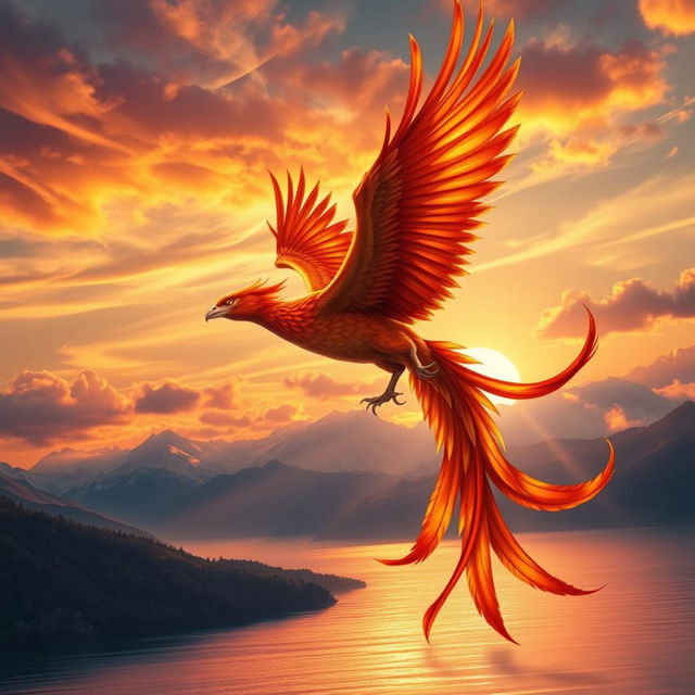 An adventurous phoenix soaring through a vibrant sunset sky, radiant feathers of red and gold reflecting the light, twisting and turning elegantly among wispy clouds