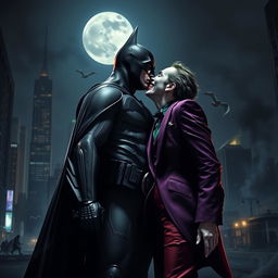 A dramatic and intense scene depicting Batman kissing the Joker, set in a gritty Gotham City at night