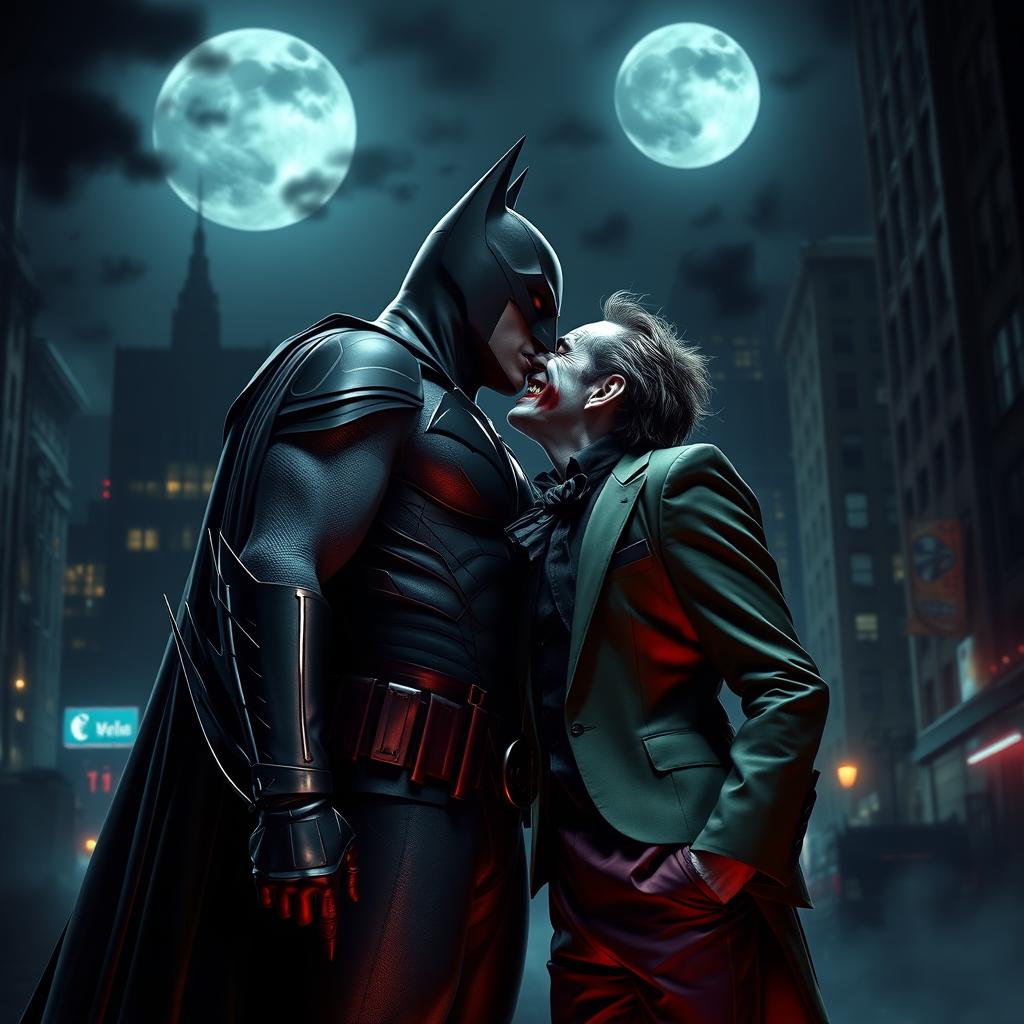 A dramatic and intense scene depicting Batman kissing the Joker, set in a gritty Gotham City at night