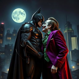 A dramatic and intense scene depicting Batman kissing the Joker, set in a gritty Gotham City at night