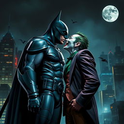 A dramatic and intense scene depicting Batman kissing the Joker, set in a gritty Gotham City at night