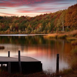 A tranquil sunset over a calm lake surrounded by dense woodland in autumn. A lone canoe is tied to the wooden dock.