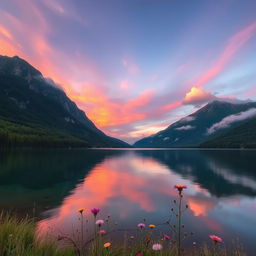 A stunning photograph of a serene landscape featuring a calm lake surrounded by majestic mountains and lush green forests