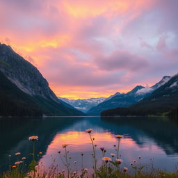A stunning photograph of a serene landscape featuring a calm lake surrounded by majestic mountains and lush green forests