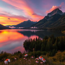 A stunning photograph of a serene landscape featuring a calm lake surrounded by majestic mountains and lush green forests