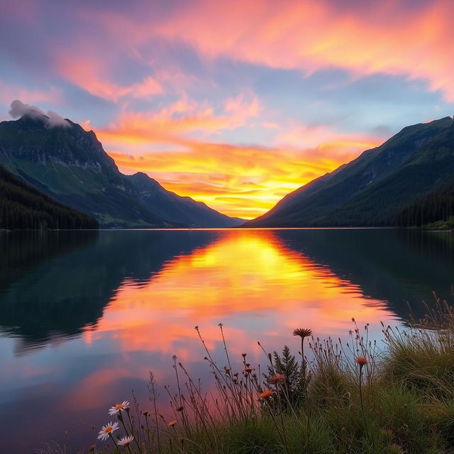 A stunning photograph of a serene landscape featuring a calm lake surrounded by majestic mountains and lush green forests