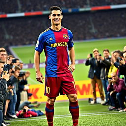 A humorous and playful scene featuring Cristiano Ronaldo wearing Lionel Messi's iconic football jersey and shorts
