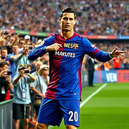 A humorous and playful scene featuring Cristiano Ronaldo wearing Lionel Messi's iconic football jersey and shorts