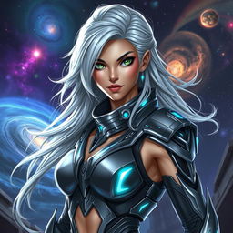 A stunning, futuristic character named Aria Keoxer, portrayed as a fierce intergalactic warrior