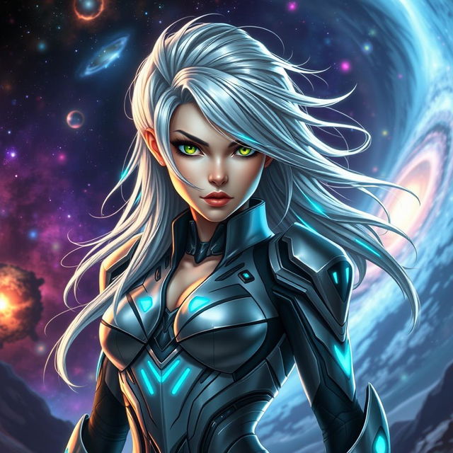 A stunning, futuristic character named Aria Keoxer, portrayed as a fierce intergalactic warrior