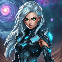 A stunning, futuristic character named Aria Keoxer, portrayed as a fierce intergalactic warrior