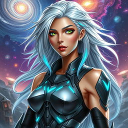 A stunning, futuristic character named Aria Keoxer, portrayed as a fierce intergalactic warrior