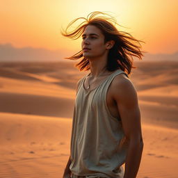 A 22-year-old man standing in a vast desert landscape