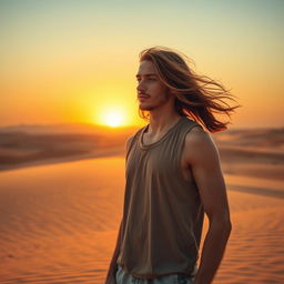 A 22-year-old man standing in a vast desert landscape