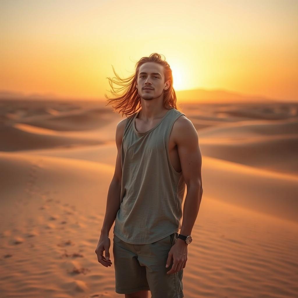 A 22-year-old man standing in a vast desert landscape