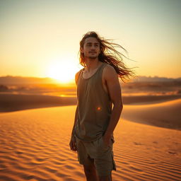 A 22-year-old man standing in a vast desert landscape