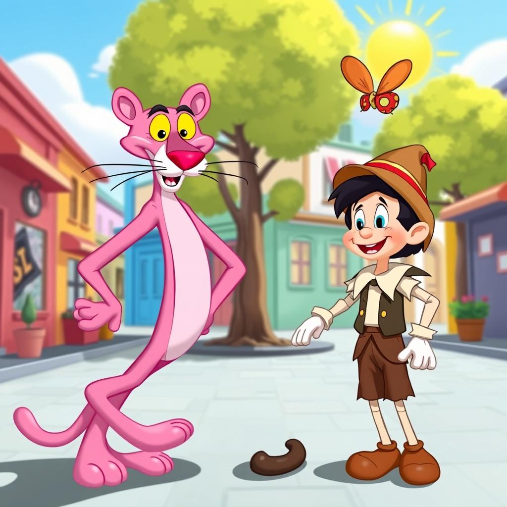 A whimsical crossover scene featuring the Pink Panther and Pinocchio
