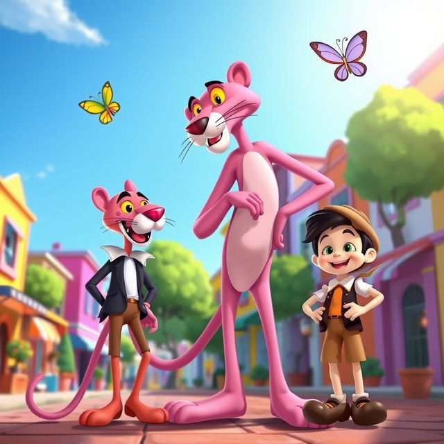 A whimsical crossover scene featuring the Pink Panther and Pinocchio