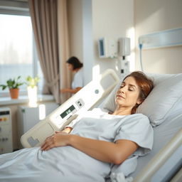 A serene hospital room with a patient lying in a comfortable bed, surrounded by medical equipment
