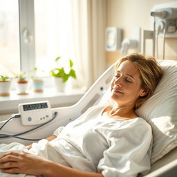 A serene hospital room with a patient lying in a comfortable bed, surrounded by medical equipment